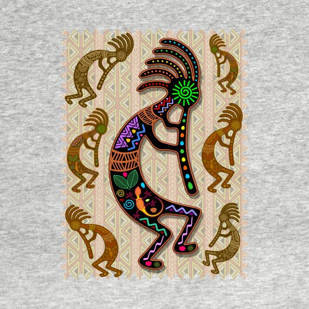 Kokopelli Rainbow Colors on Tribal Pattern 2 by BluedarkArt